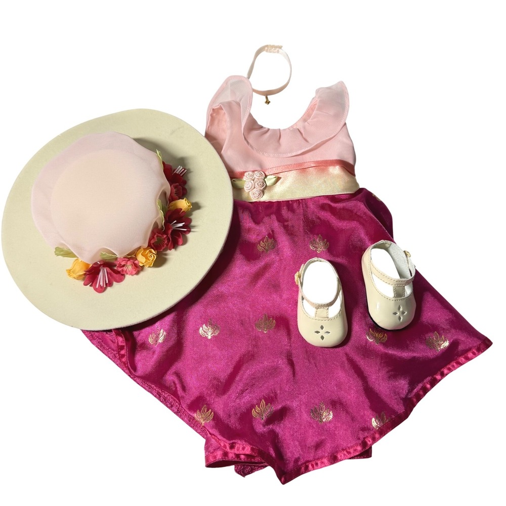 REBECCA MOVIE OUTFIT American Girl Doll Pink Dress Hat Shoe Necklace Set RETIRED